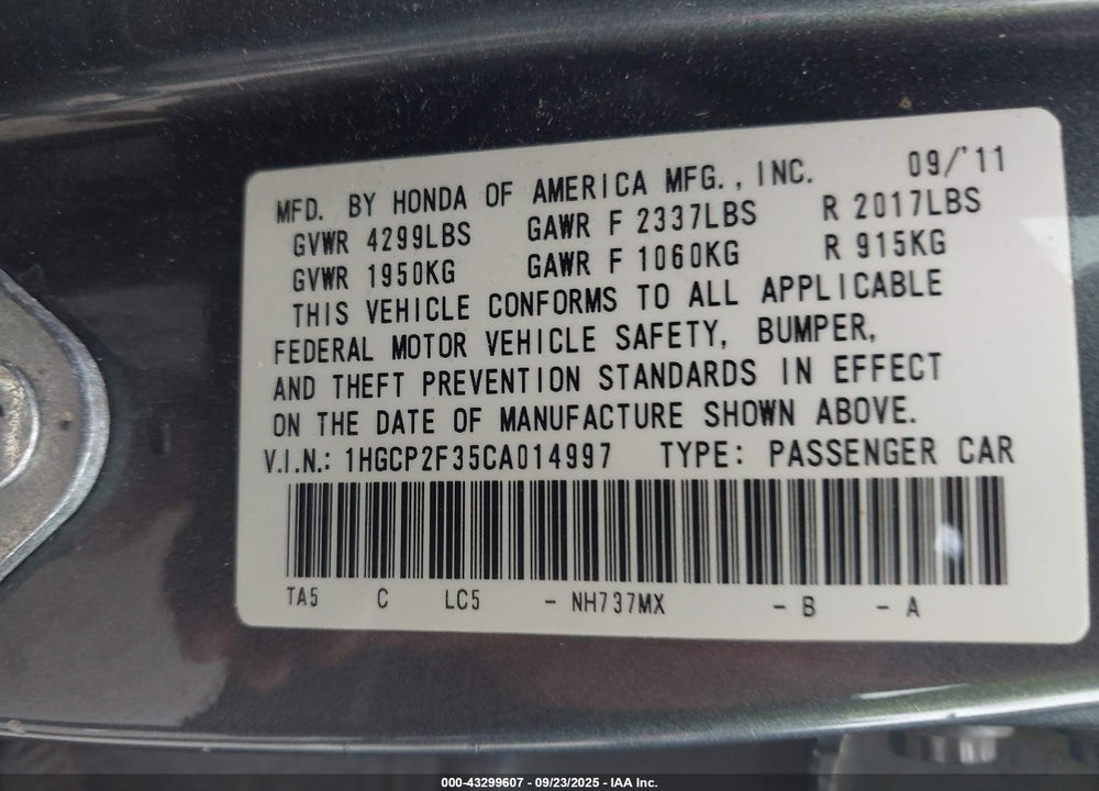 2012 HONDA ACCORD VIN: 1HGCP2F35CA014997