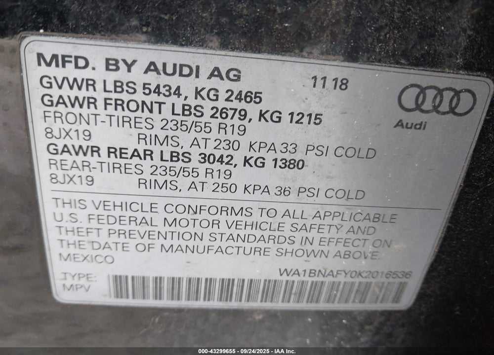 2019 AUDI Q5 45 PREMIUM VIN: WA1BNAFY0K2016536