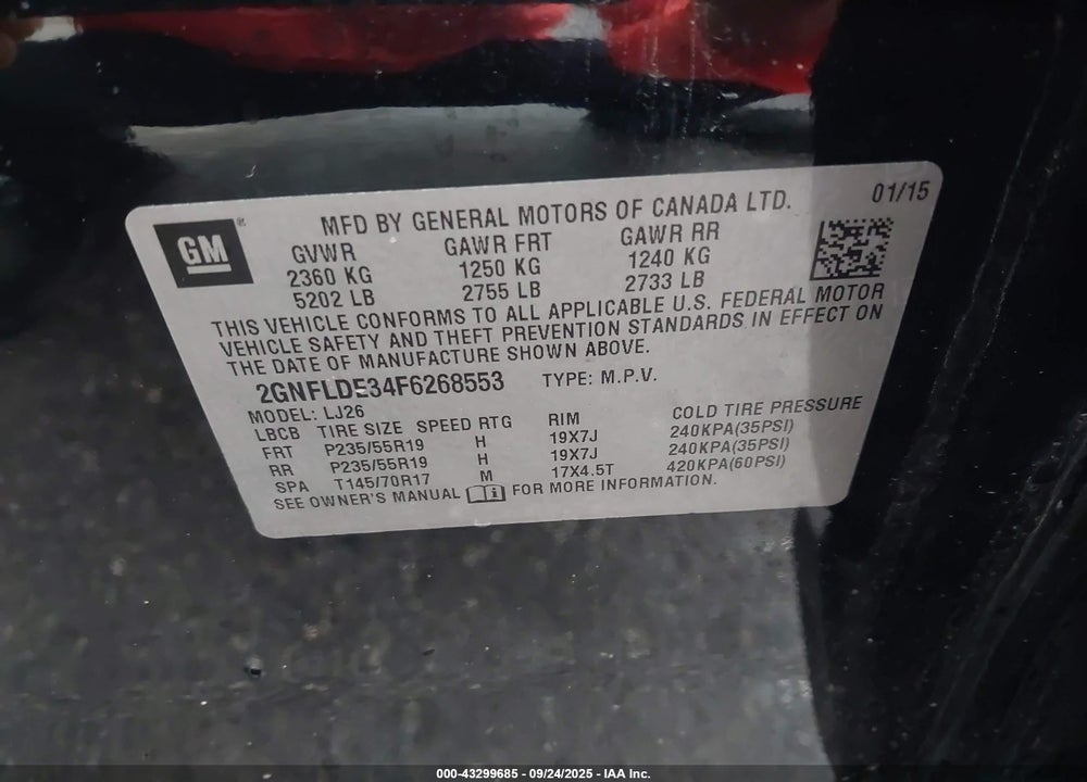 2015 CHEVROLET EQUINOX LTZ VIN: 2GNFLDE34F6268553