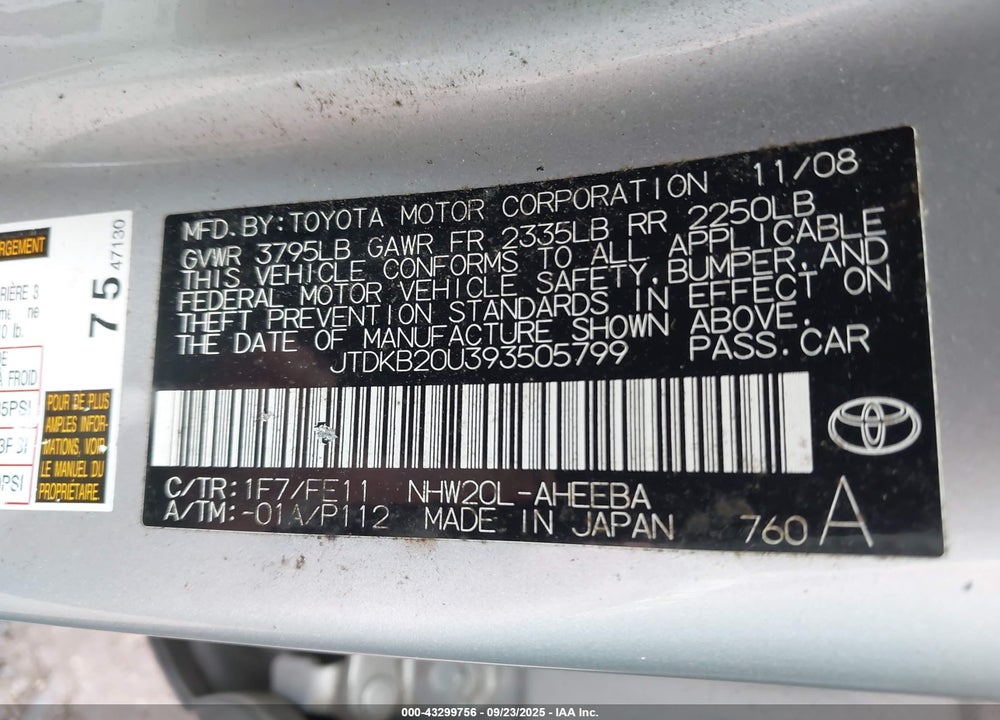 2009 TOYOTA PRIUS VIN: JTDKB20U393505799