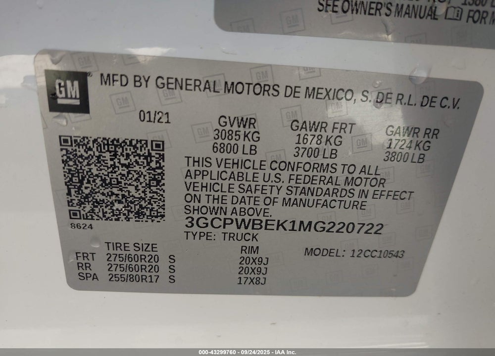 2021 CHEVROLET SILVERADO 1500 VIN: 3GCPWBEK1MG220722