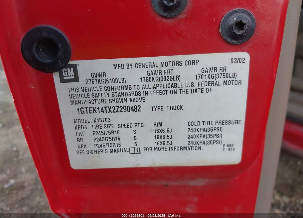 2002 GMC SIERRA 1500 SLE VIN: 1GTEK14TX2Z290482