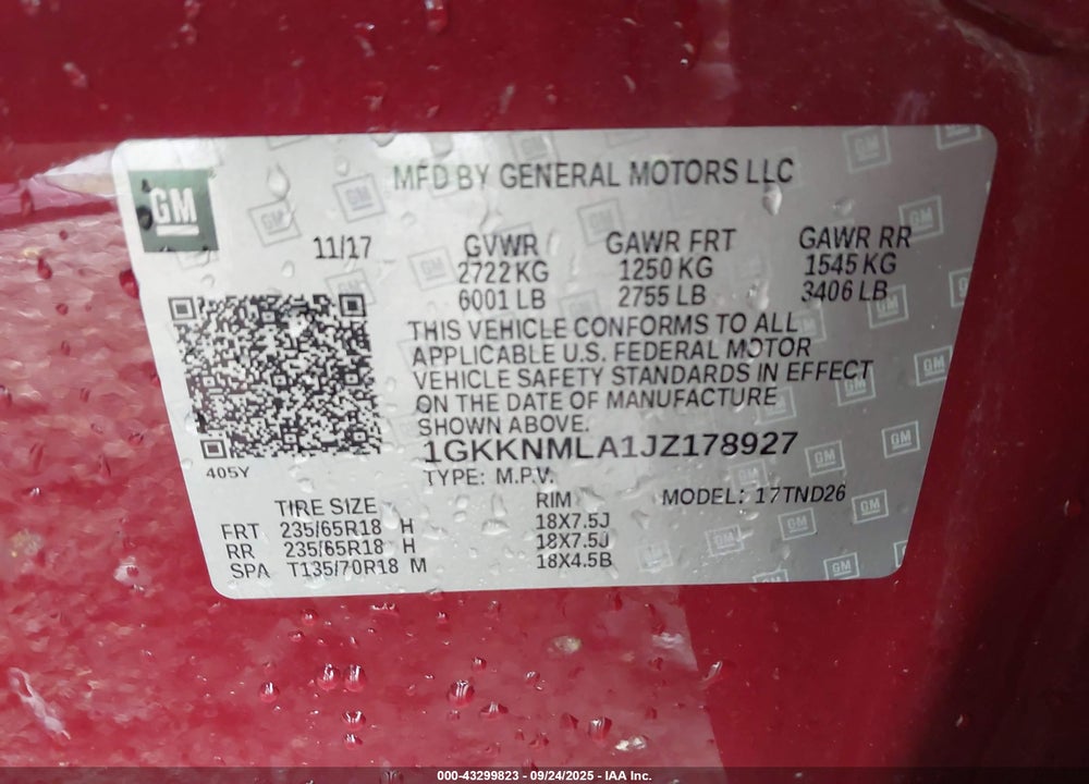 2018 GMC ACADIA VIN: 1GKKNMLA1JZ178927