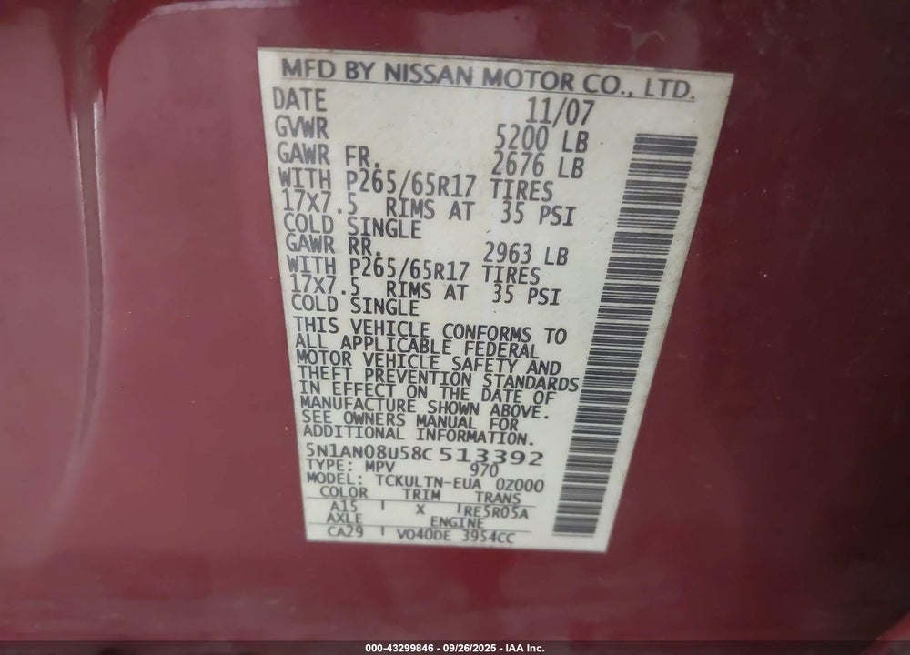 2008 NISSAN XTERRA SE VIN: 5N1AN08U58C513392