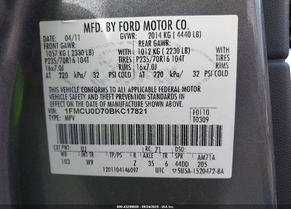 2011 FORD ESCAPE XLT VIN: 1FMCU0D70BKC17821