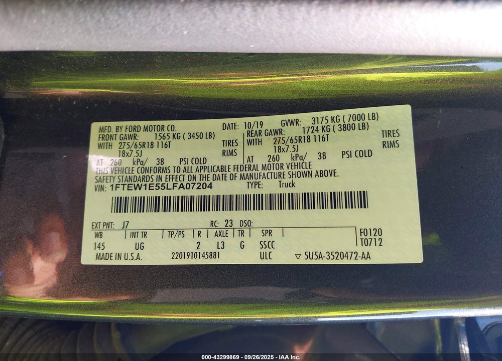 2020 FORD F-150 XLT VIN: 1FTEW1E55LFA07204