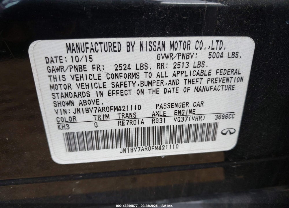 2015 INFINITI Q50 PREMIUM VIN: JN1BV7AR0FM421110
