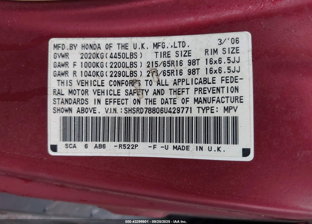 2006 HONDA CR-V EX VIN: SHSRD78806U429771