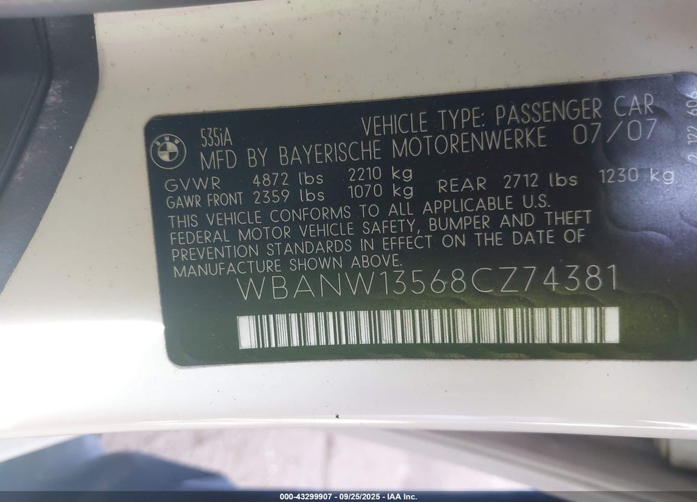 2008 BMW 535I VIN: WBANW13568CZ74381