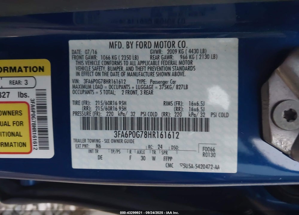 2017 FORD FUSION S VIN: 3FA6P0G78HR161612