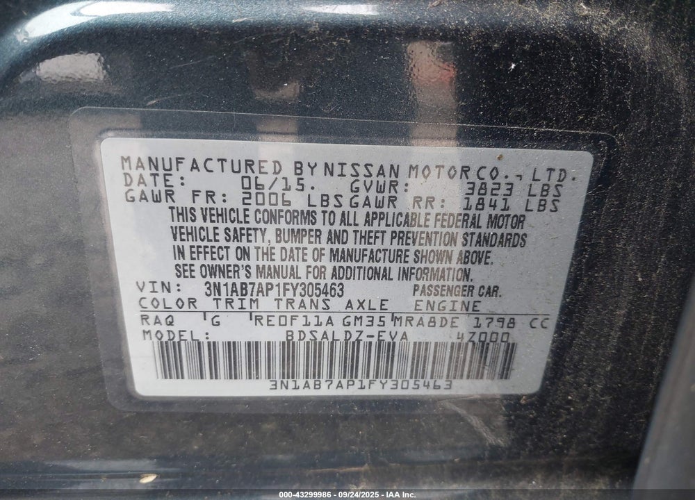 2015 NISSAN SENTRA SV VIN: 3N1AB7AP1FY305463