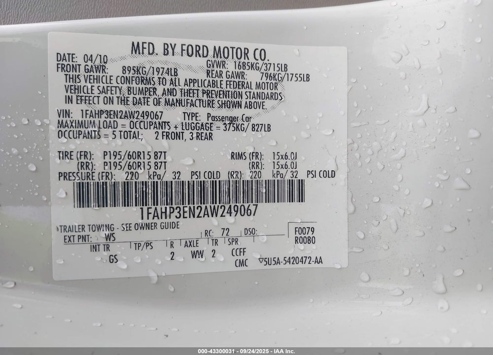 2010 FORD FOCUS S VIN: 1FAHP3EN2AW249067