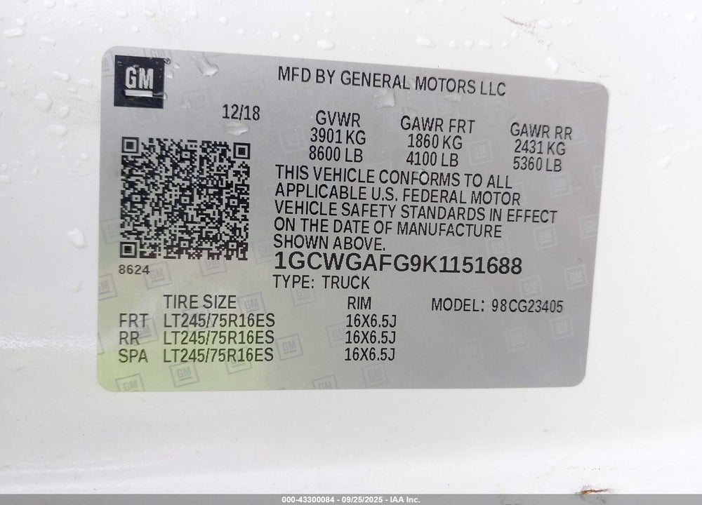 2019 CHEVROLET EXPRESS 2500 WORK VAN VIN: 1GCWGAFG9K1151688