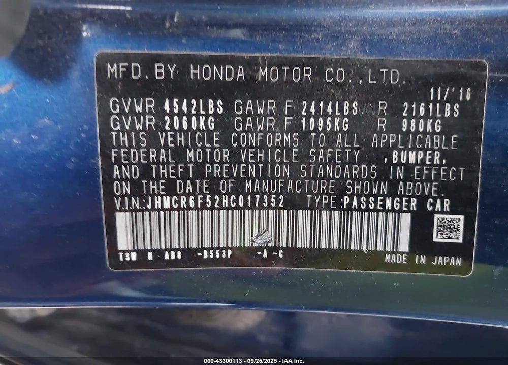 2017 HONDA ACCORD VIN: JHMCR6F52HC017352