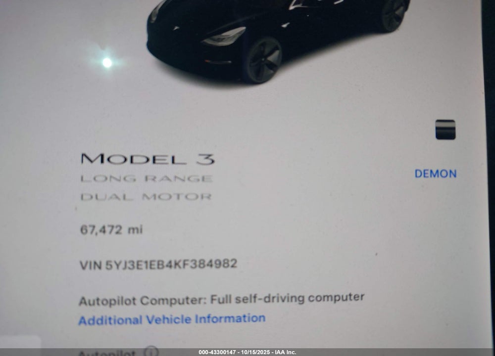 2019 TESLA MODEL 3 LONG RANGE/PERFORMANCE VIN: 5YJ3E1EB4KF384982