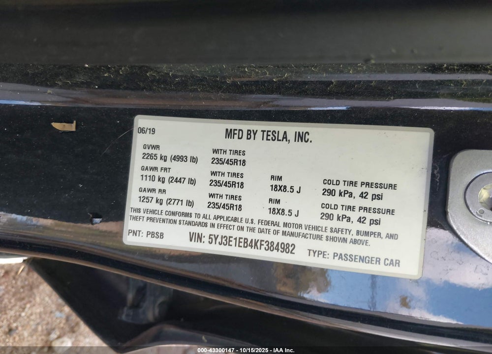 2019 TESLA MODEL 3 LONG RANGE/PERFORMANCE VIN: 5YJ3E1EB4KF384982