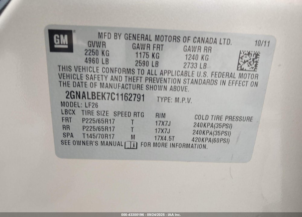 2012 CHEVROLET EQUINOX LS VIN: 2GNALBEK7C1162791