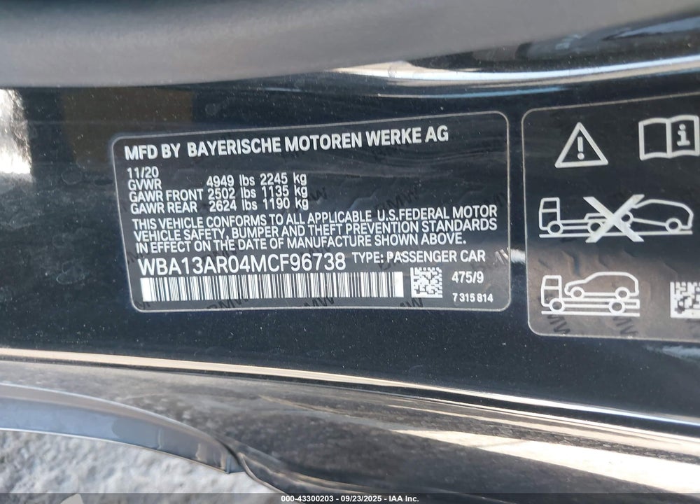 2021 BMW M440I XDRIVE VIN: WBA13AR04MCF96738