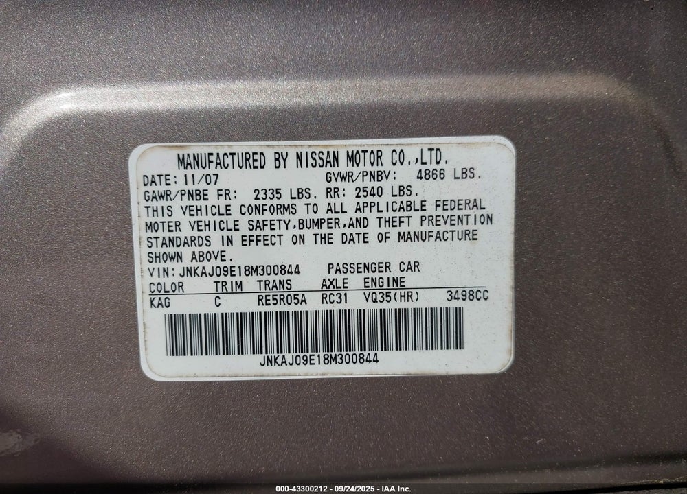 2008 INFINITI EX35 JOURNEY VIN: JNKAJ09E18M300844