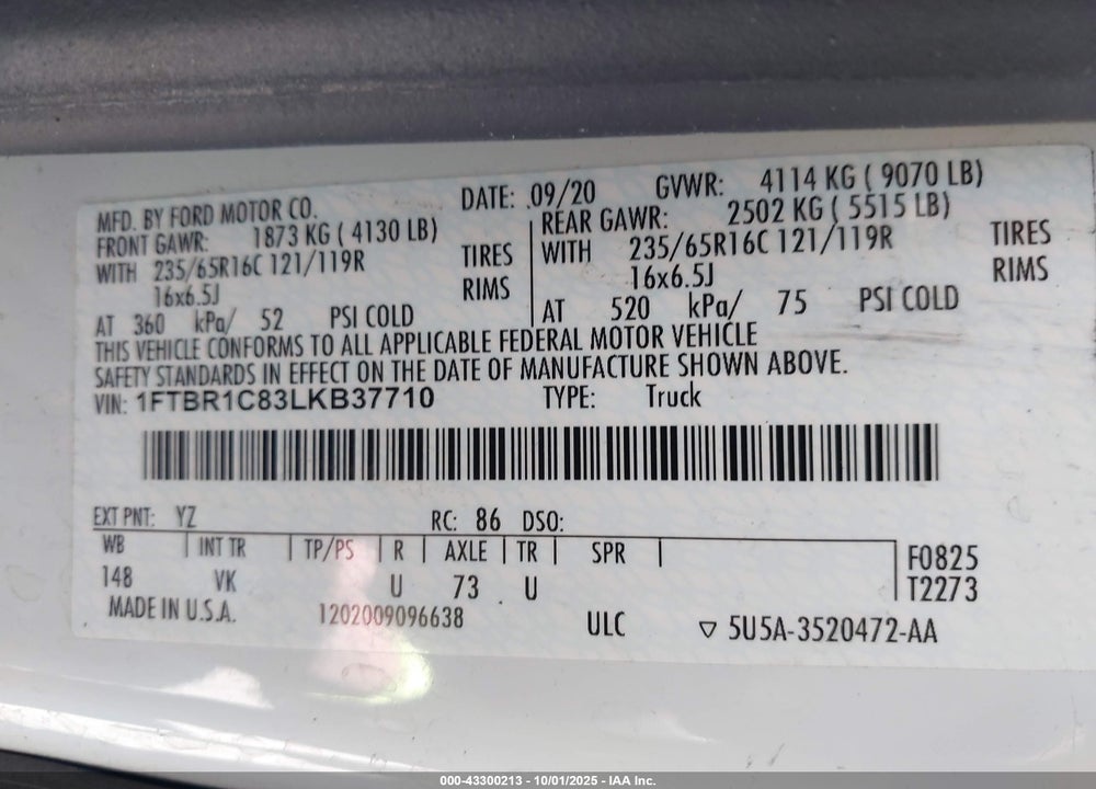 2020 FORD TRANSIT-250 VIN: 1FTBR1C83LKB37710