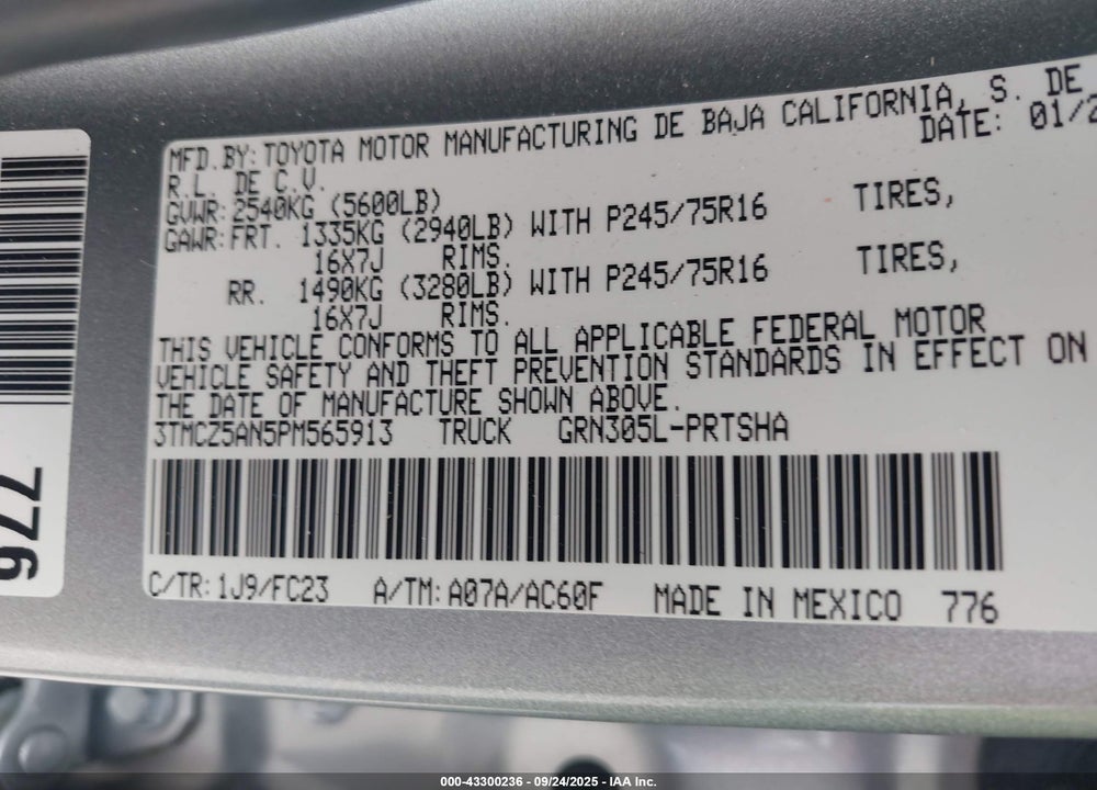 2023 TOYOTA TACOMA VIN: 3TMCZ5AN5PM565913