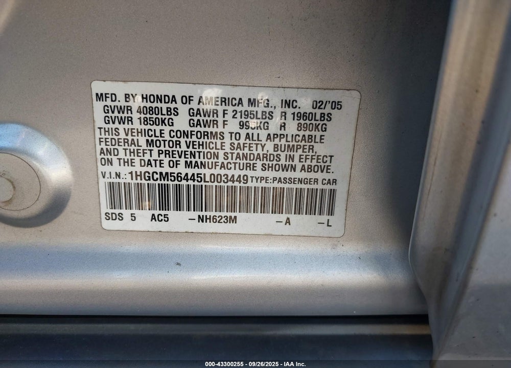 2005 HONDA ACCORD 2.4 LX VIN: 1HGCM56445L003449
