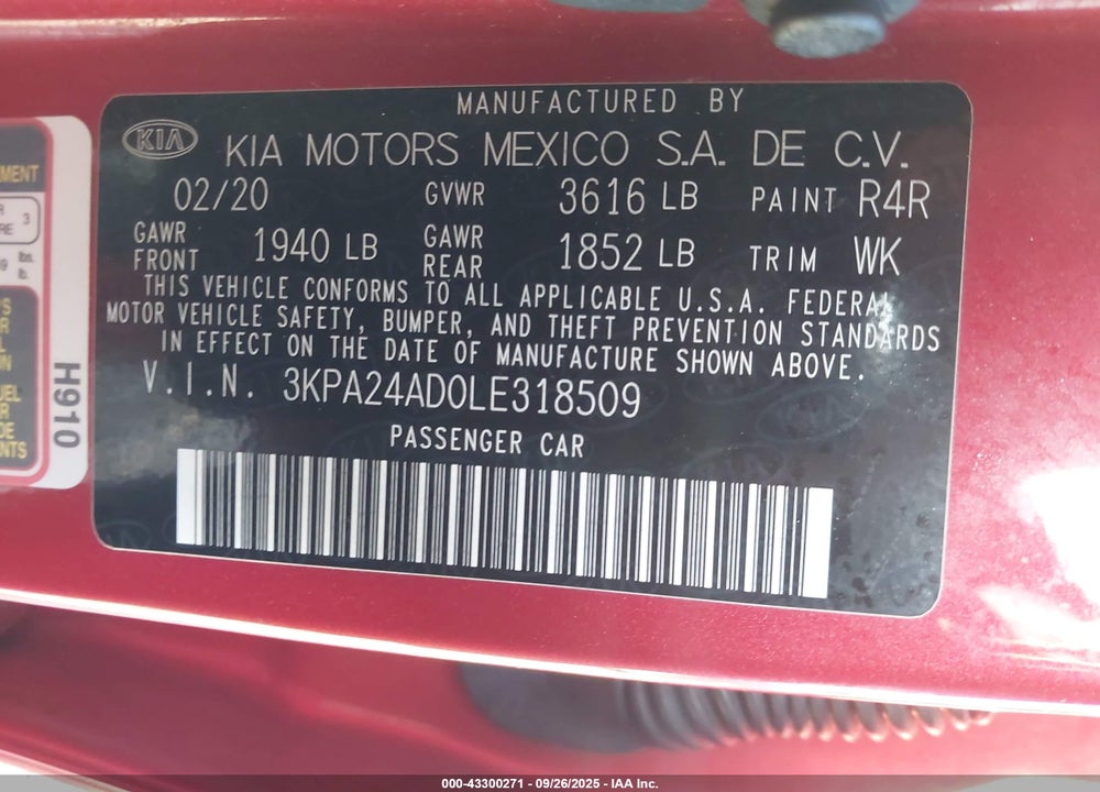 2020 KIA RIO VIN: 3KPA24AD0LE318509