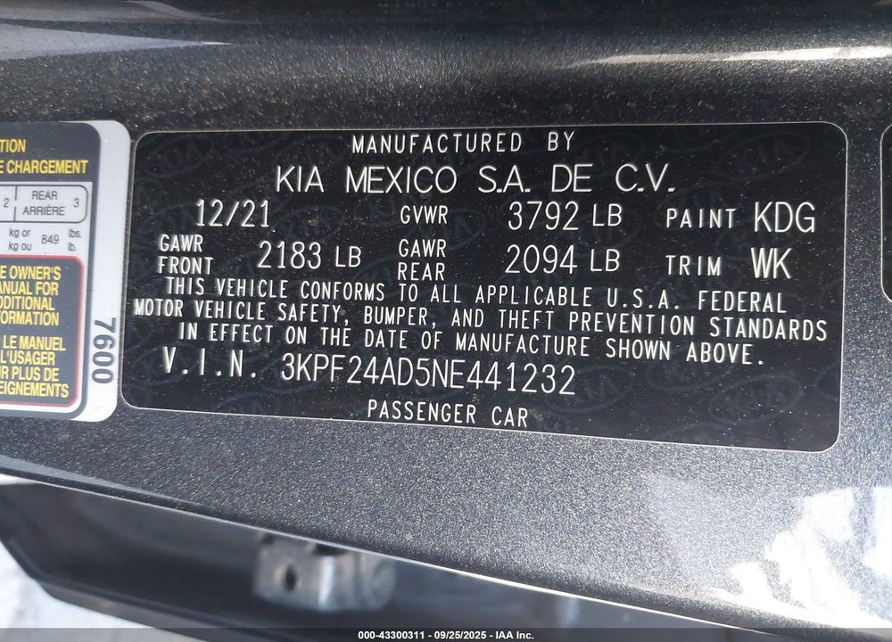 2022 KIA FORTE FE VIN: 3KPF24AD5NE441232