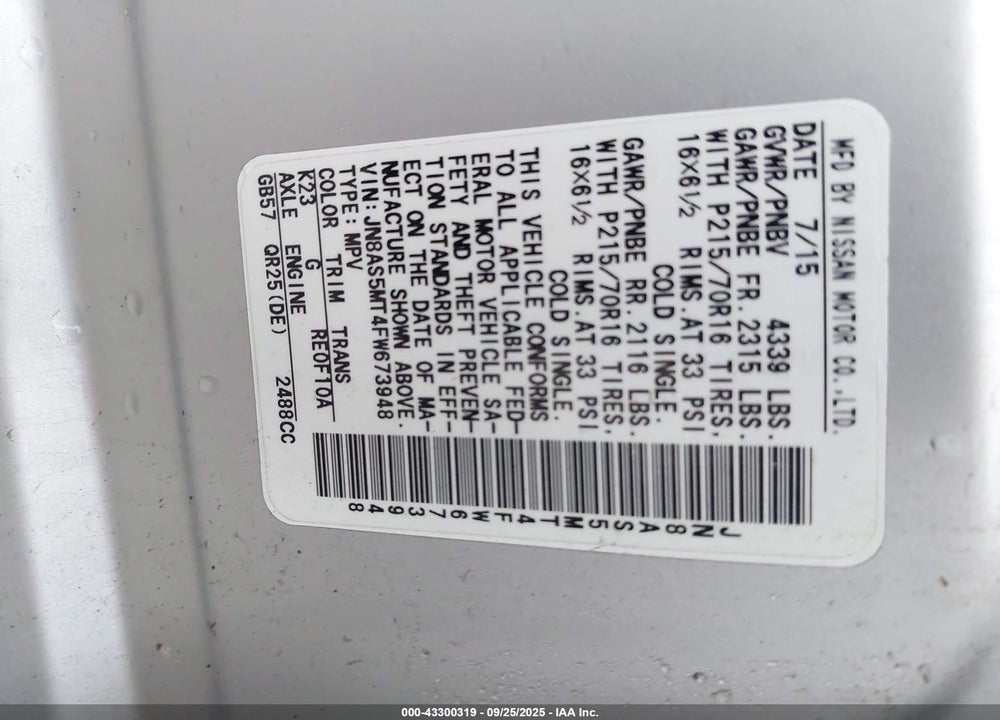 2015 NISSAN ROGUE VIN: JN8AS5MT4FW673948