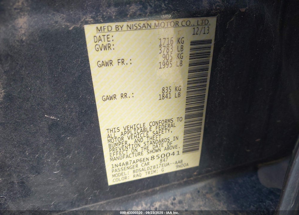 2014 NISSAN SENTRA SV VIN: 1N4AB7AP6EN850041