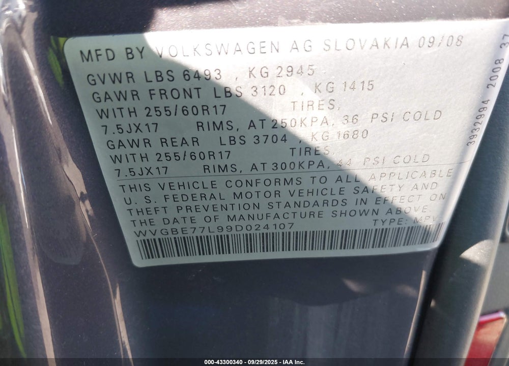 2009 VOLKSWAGEN TOUAREG VIN: WVGBE77L99D024107
