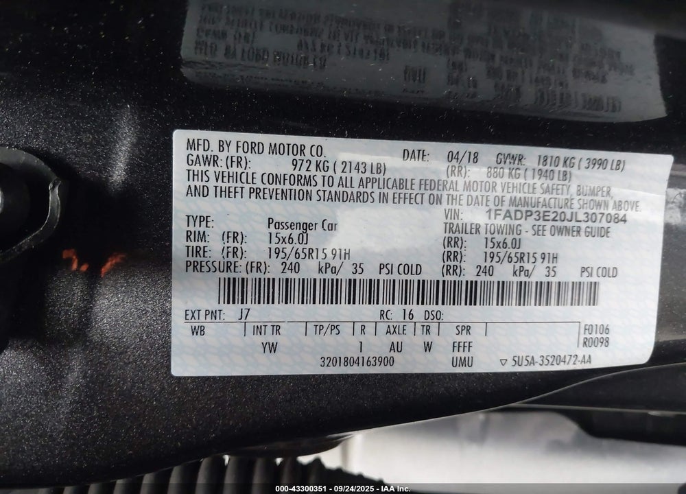 2018 FORD FOCUS VIN: 1FADP3E20JL307084