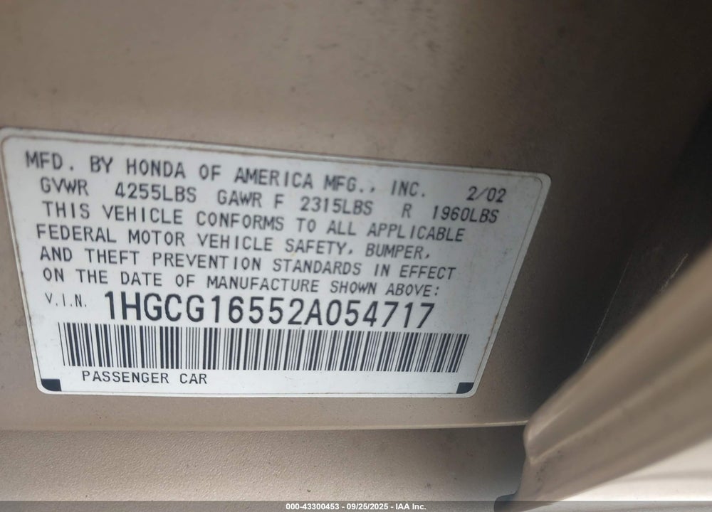 2002 HONDA ACCORD 3.0 EX VIN: 1HGCG16552A054717