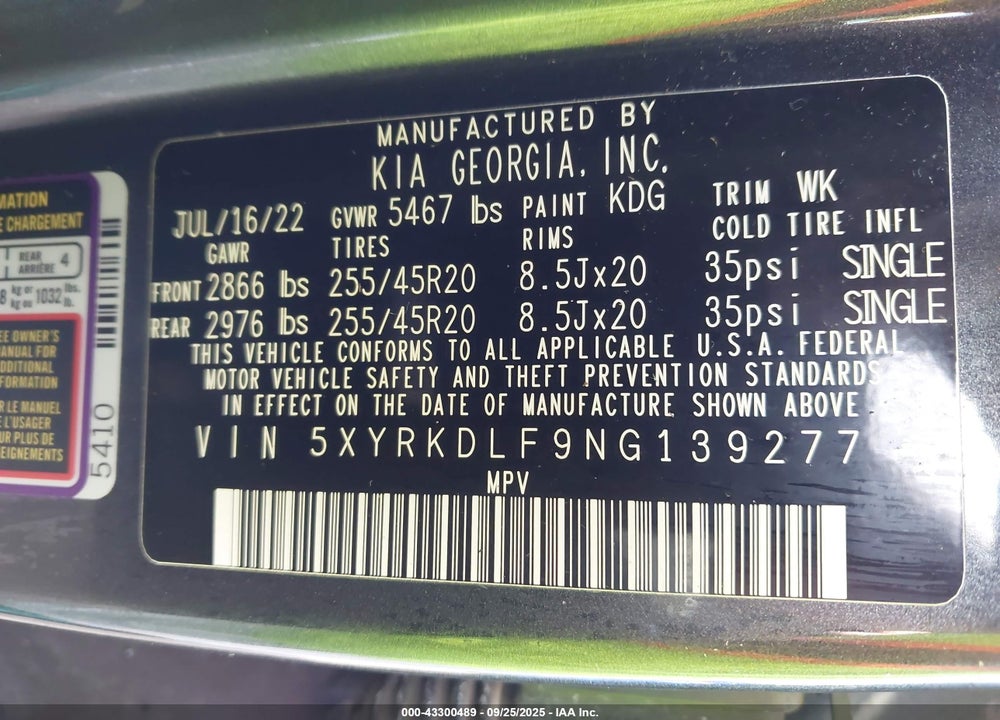 2022 KIA SORENTO VIN: 5XYRKDLF9NG139277