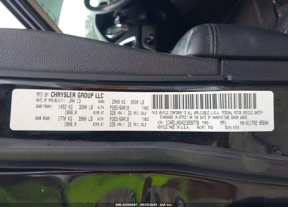 2013 DODGE DURANGO VIN: 1C4RDJAG4DC658776