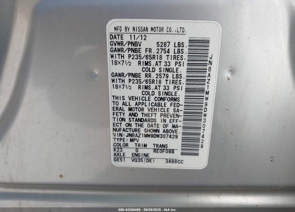 2013 NISSAN MURANO SL VIN: JN8AZ1MW9DW307429