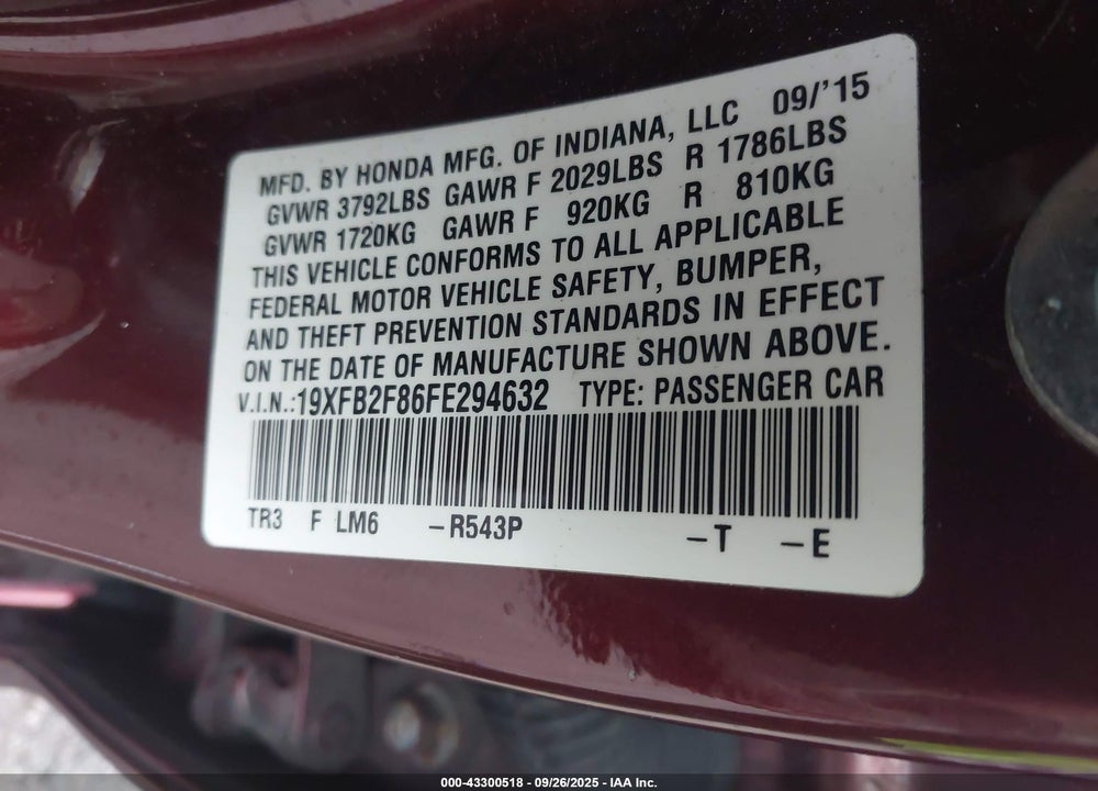 2015 HONDA CIVIC VIN: 19XFB2F86FE294632