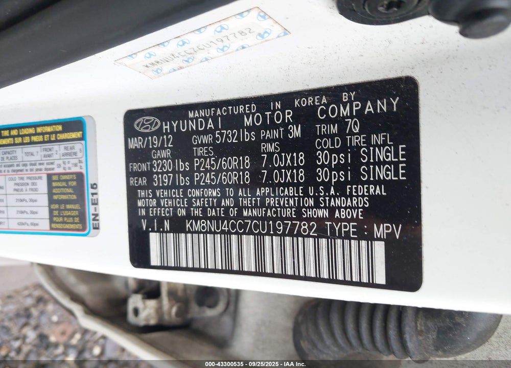 2012 HYUNDAI VERACRUZ VIN: KM8NU4CC7CU197782