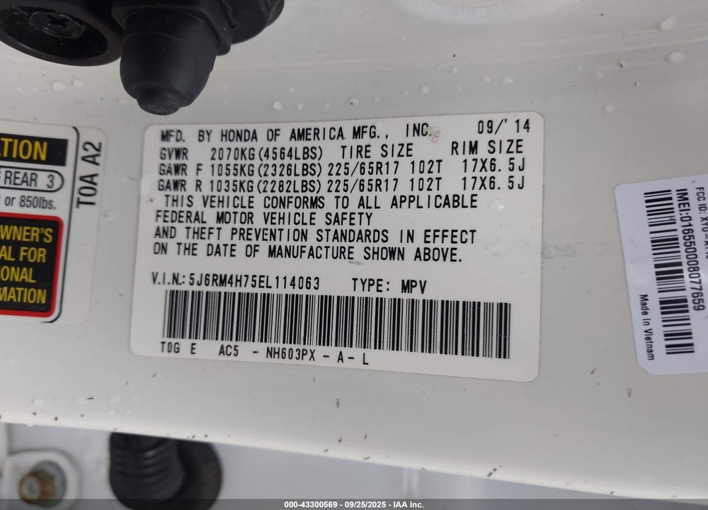 2014 HONDA CR-V EX-L VIN: 5J6RM4H75EL114063