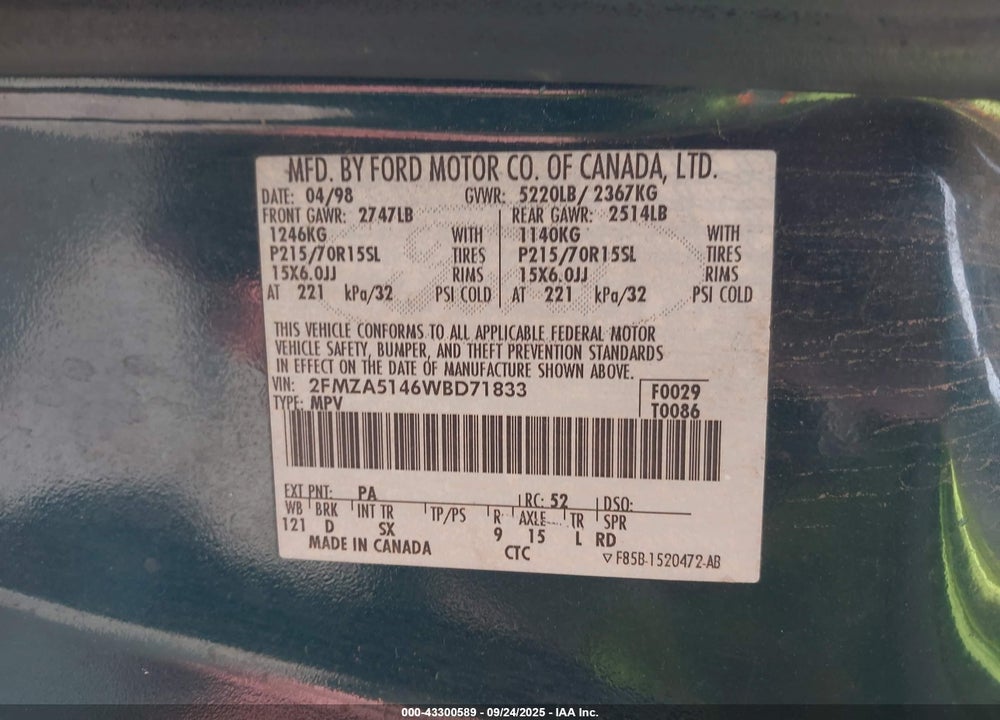 1998 FORD WINDSTAR GL/LIMITED/LX VIN: 2FMZA5146WBD71833
