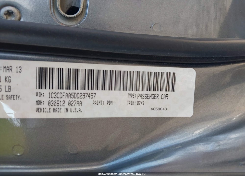 2013 DODGE DART VIN: 1C3CDFAA5DD297457