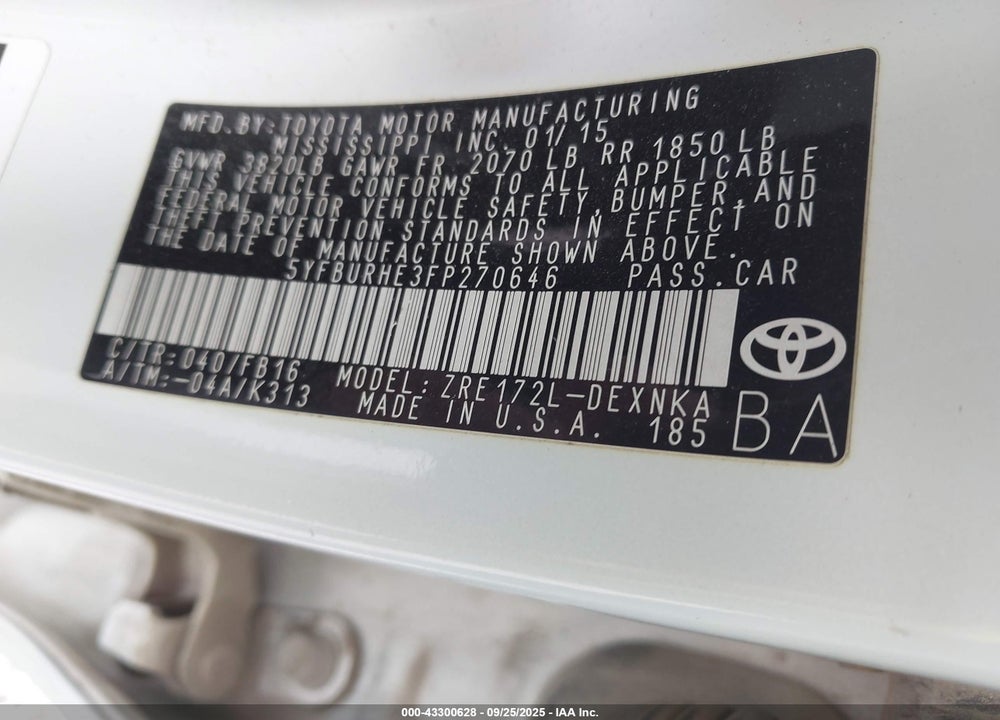 2015 TOYOTA COROLLA VIN: 5YFBURHE3FP270646