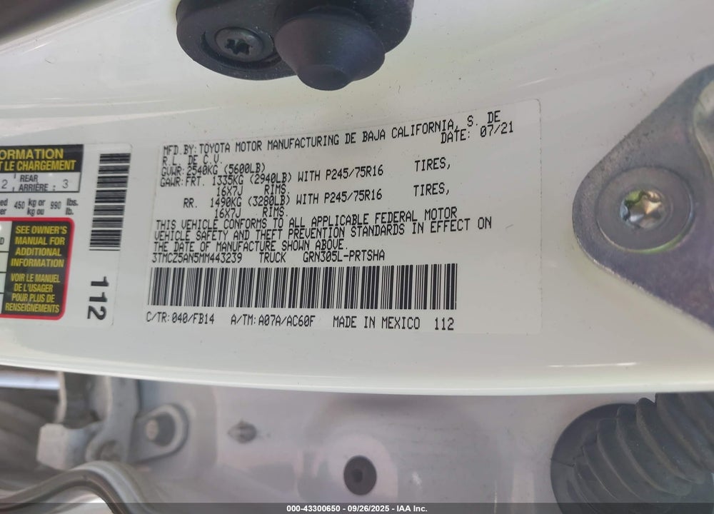 2021 TOYOTA TACOMA VIN: 3TMCZ5AN5MM443239