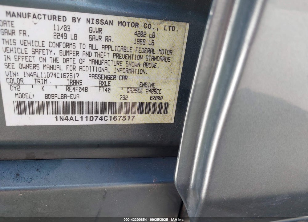 2004 NISSAN ALTIMA 2.5 S VIN: 1N4AL11D74C167517