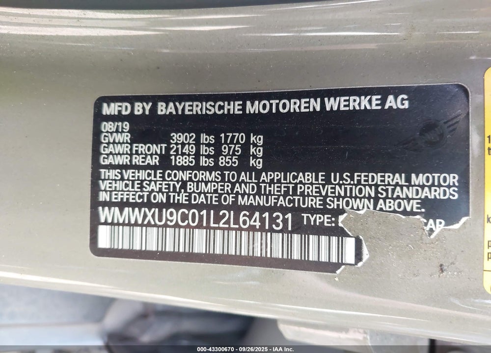 2020 MINI HARDTOP VIN: WMWXU9C01L2L64131
