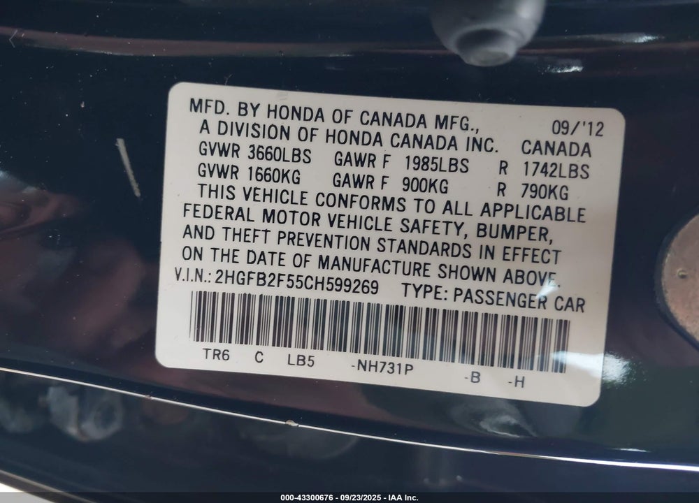 2012 HONDA CIVIC VIN: 2HGFB2F55CH599269