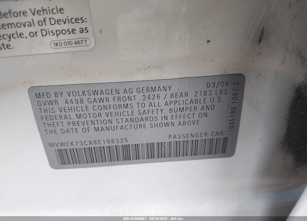 2008 VOLKSWAGEN PASSAT LUX VIN: WVWEK73CX8E198325