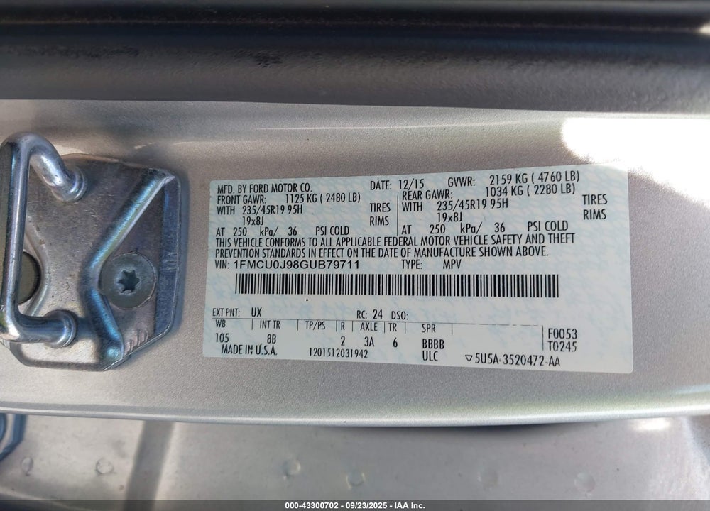 2016 FORD ESCAPE VIN: 1FMCU0J98GUB79711
