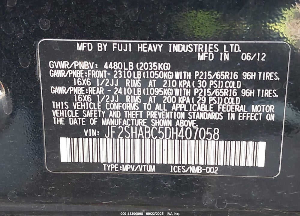 2013 SUBARU FORESTER 2.5X VIN: JF2SHABC5DH407058