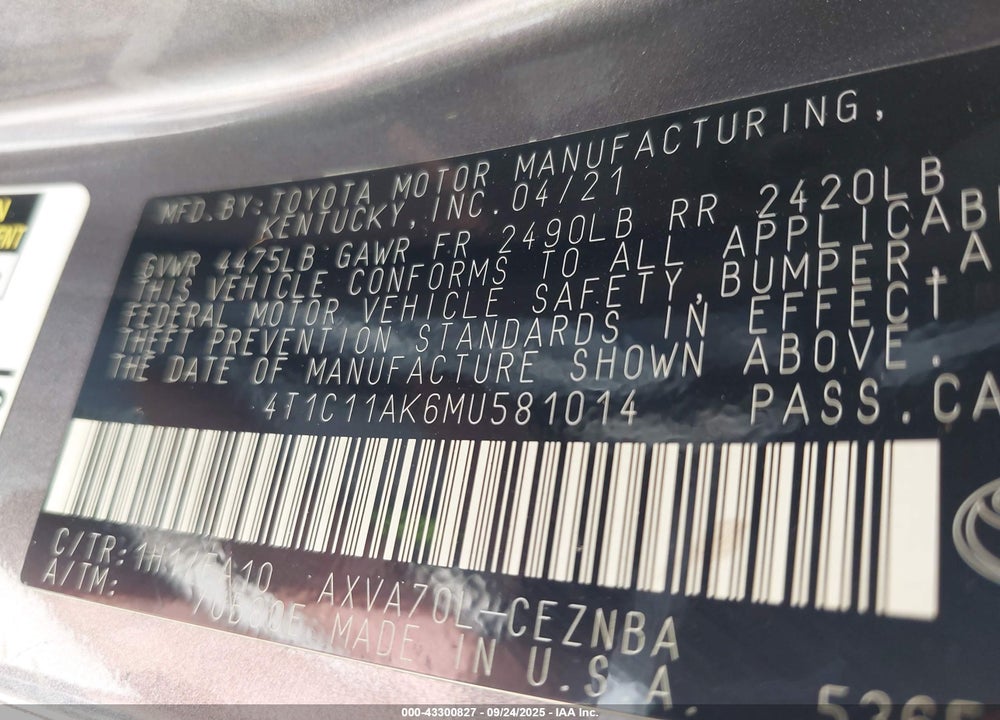 2021 TOYOTA CAMRY LE VIN: 4T1C11AK6MU581014